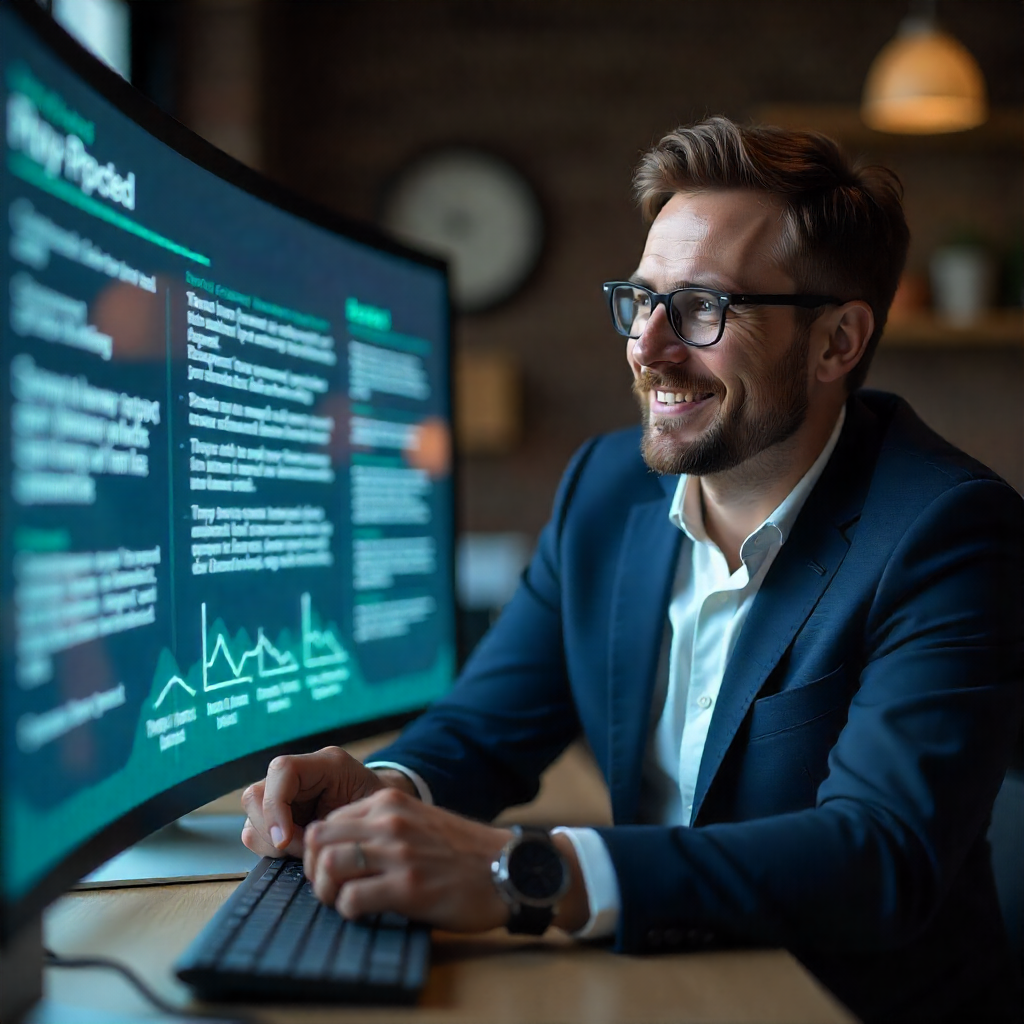 Businessman looking confidently at digital IP protection interface with secure lock symbols floating in the background